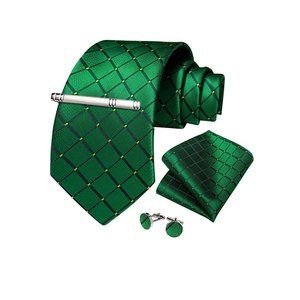 Men's Silk Tie + Pocket Square + Cufflinks + Tie Clip 4 Piece Set